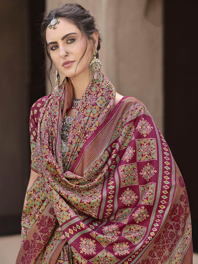 Amazing Wine Color Patola Printed Silk Event Wear Saree With Blouse
